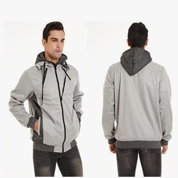 Mens Gray Hooded Jacket Large Zip Up Top Comfort Style Gym Daily Pockets Lounge - Picture 1 of 15